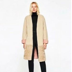Tan Knee Length Tan Coat with Blush Trim